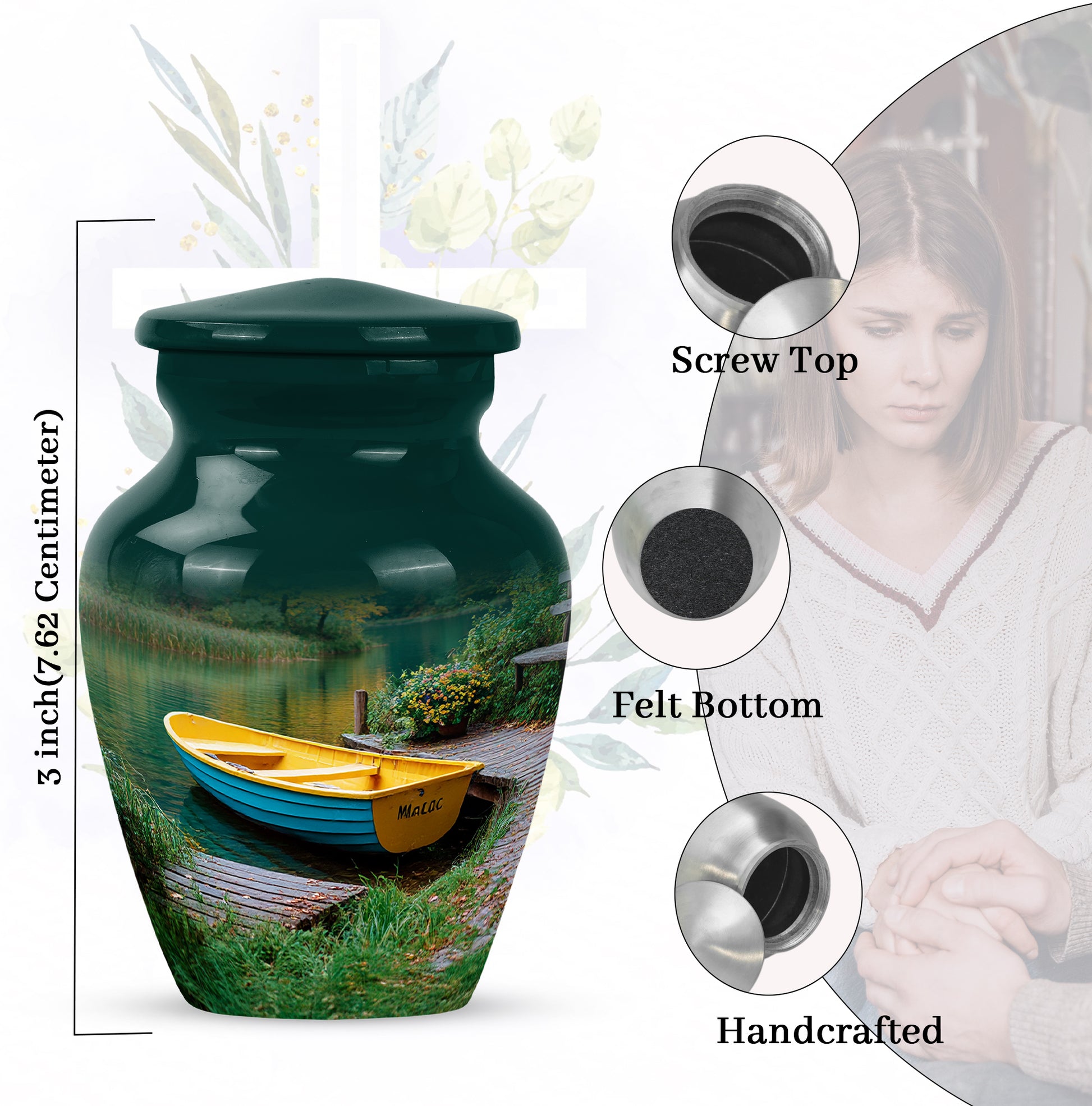 Ocean Teal Boat Cremation Urn close-up of engraving and surface detail - timeless boat motif etched into premium metal - mini keepsake memorial for portion of cremation ashes