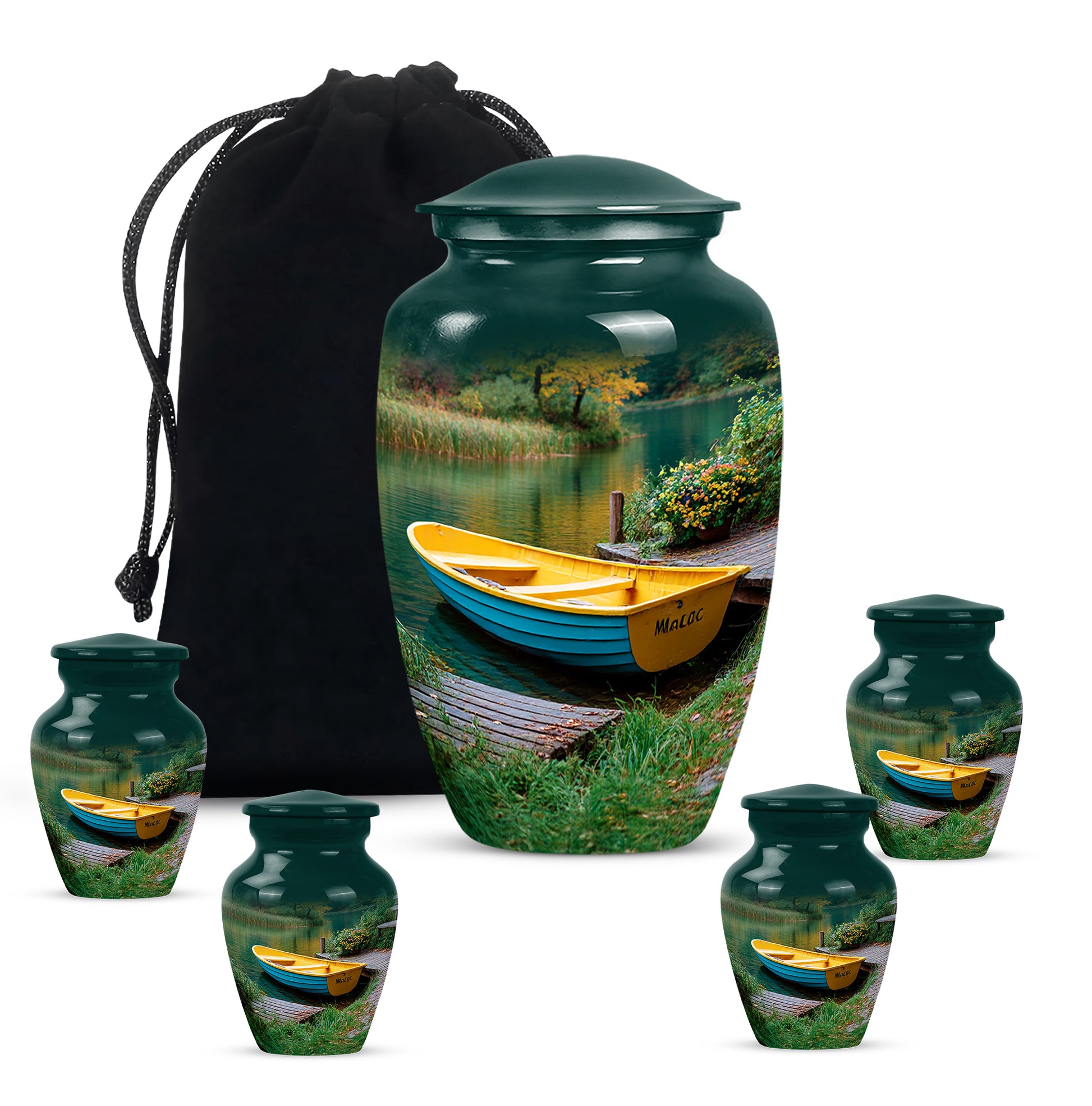 Deep Teal Boat Cremation Urn top-down view of secure threaded lid - traditional boat engraving with hand-polished finish - memorial set with one large and four small urns