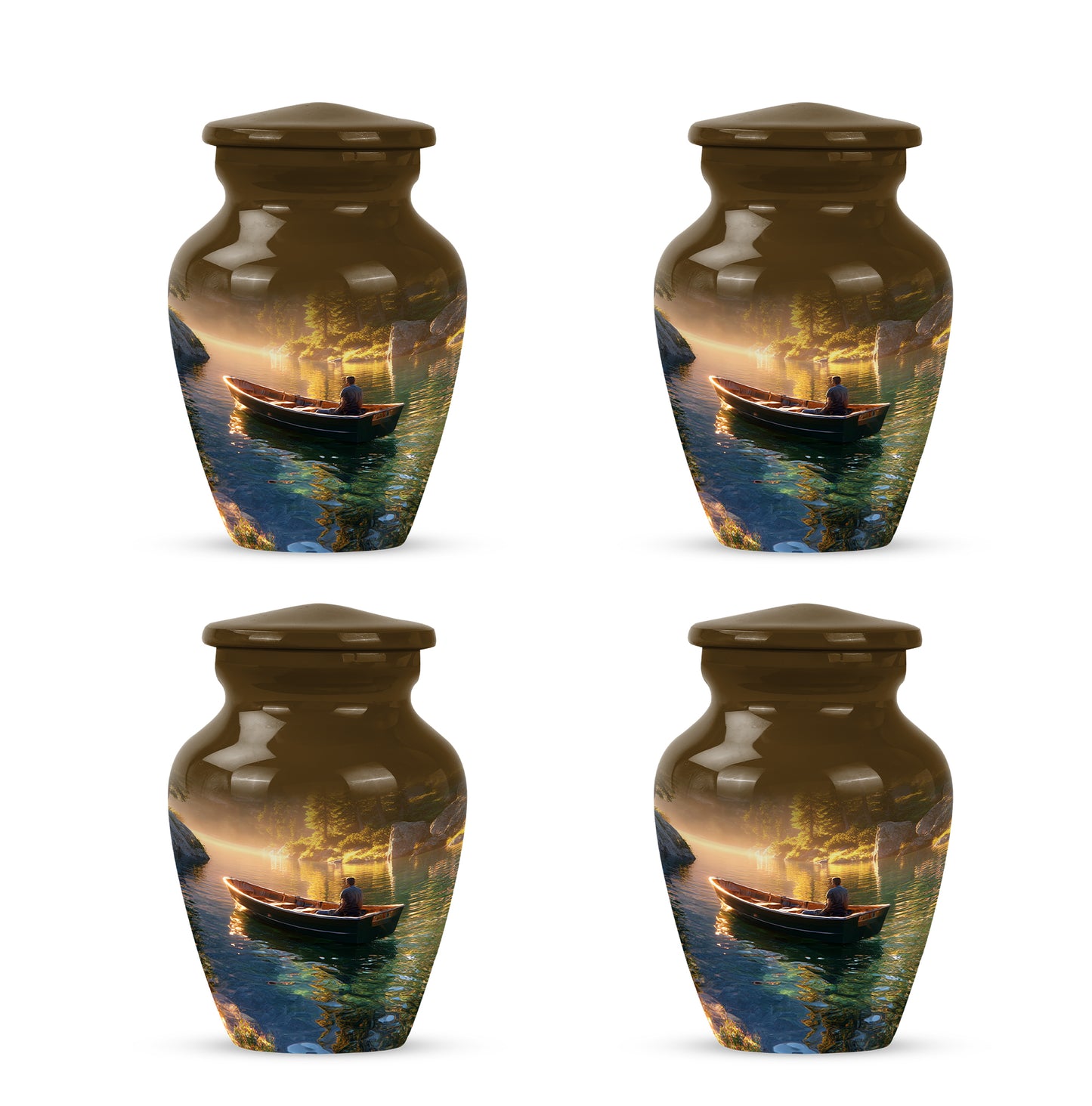 Champagne Gold Boat Cremation Urn side profile showing urn shape - timeless boat motif etched into premium metal - 10 inch aluminum urn for cremated remains