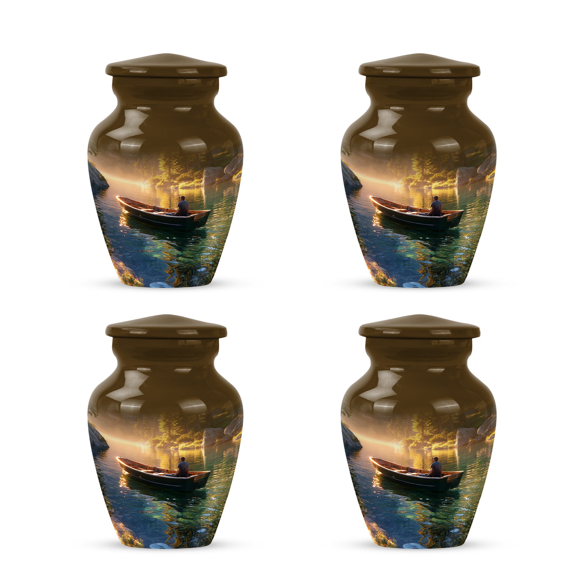 Champagne Gold Boat Cremation Urn side profile showing urn shape - timeless boat motif etched into premium metal - 10 inch aluminum urn for cremated remains