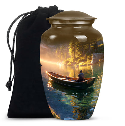Harvest Gold Boat Cremation Urn angled view of lid and engraved motif - elegant classic boat relief with fine detailing - full-size 10 inch 200 cubic inch adult cremation urn