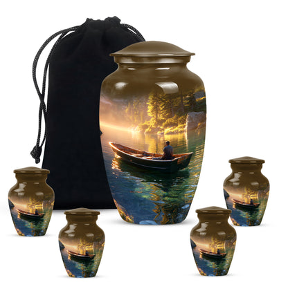 Sunrise Gold Boat Cremation Urn top-down view of secure threaded lid - timeless boat motif etched into premium metal - memorial set with one large and four small urns
