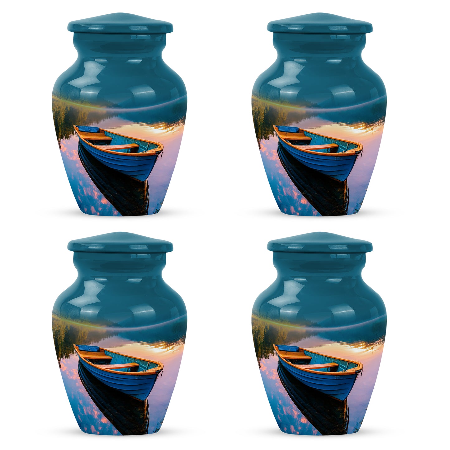 Mystic Teal Boat Cremation Urn side profile showing urn shape - elegant classic boat relief with fine detailing - 10 inch aluminum urn for cremated remains