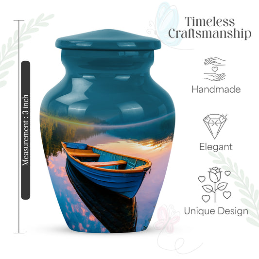 Mystic Teal Boat Cremation Urn close-up of engraving and surface detail - traditional boat engraving with hand-polished finish - mini keepsake memorial for portion of cremation ashes