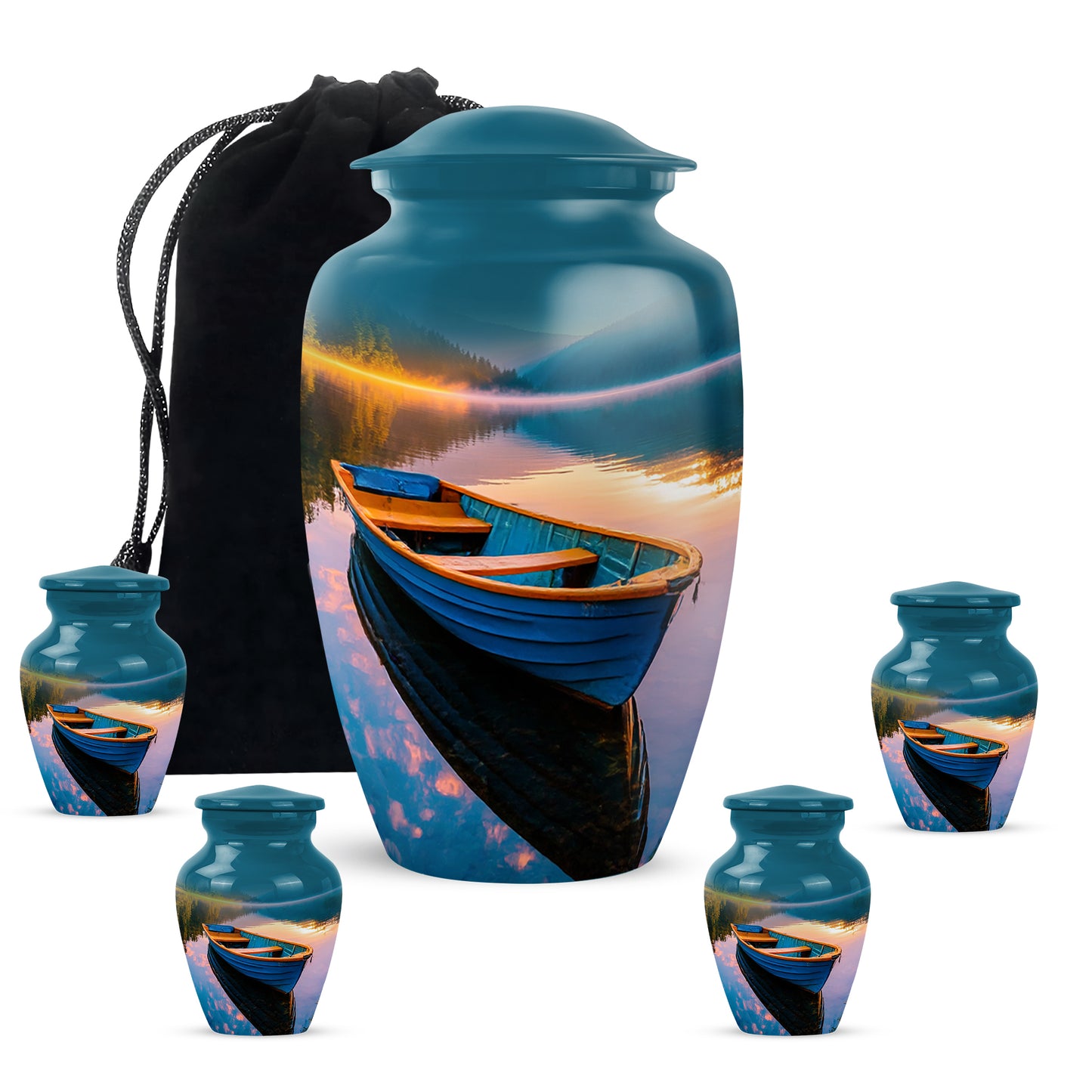 Jewel Teal Boat Cremation Urn top-down view of secure threaded lid - classic sculpted boat pattern on smooth aluminum - memorial set with one large and four small urns