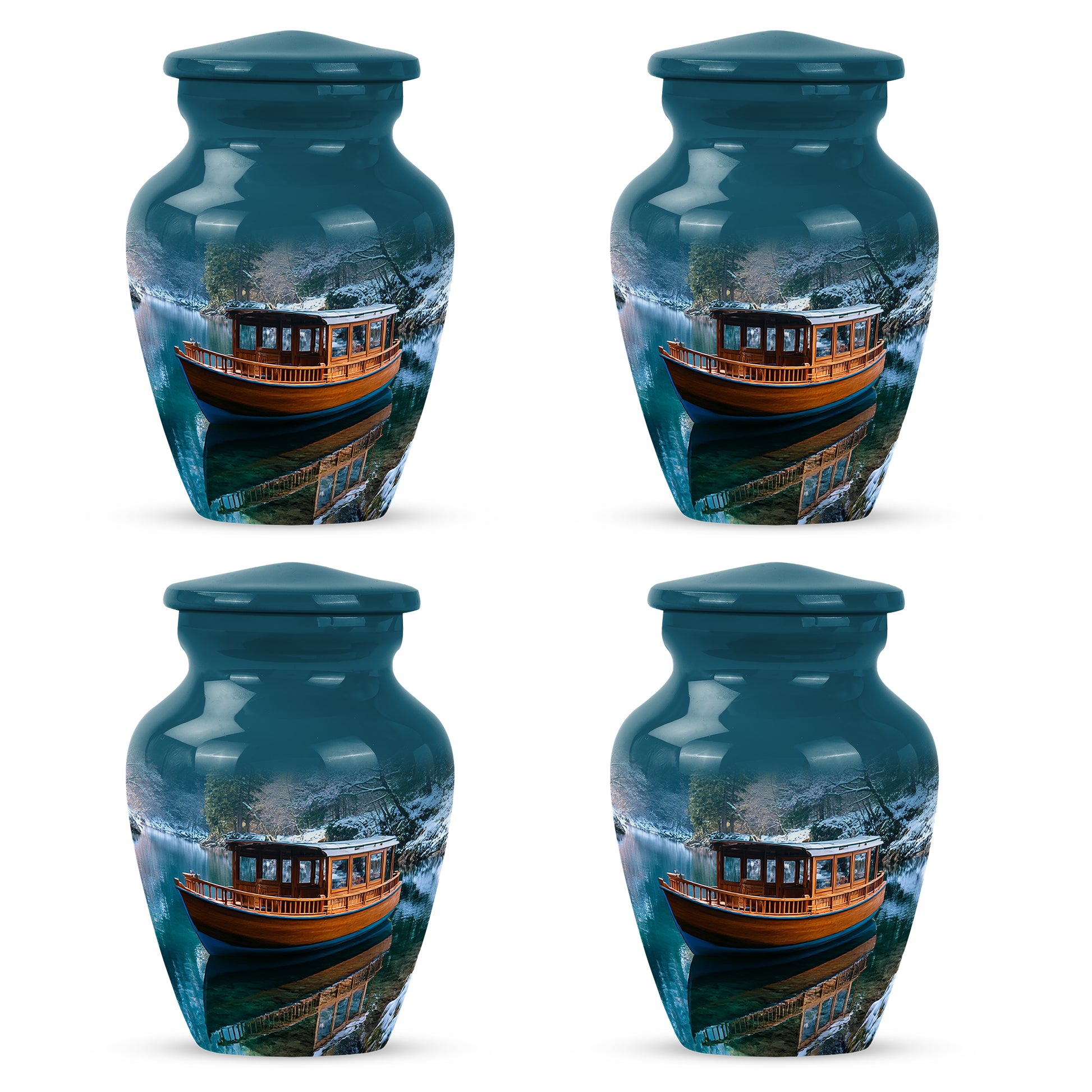 Cornflower Blue Boat Cremation Urn side profile showing urn shape - elegant classic boat relief with fine detailing - 10 inch aluminum urn for cremated remains