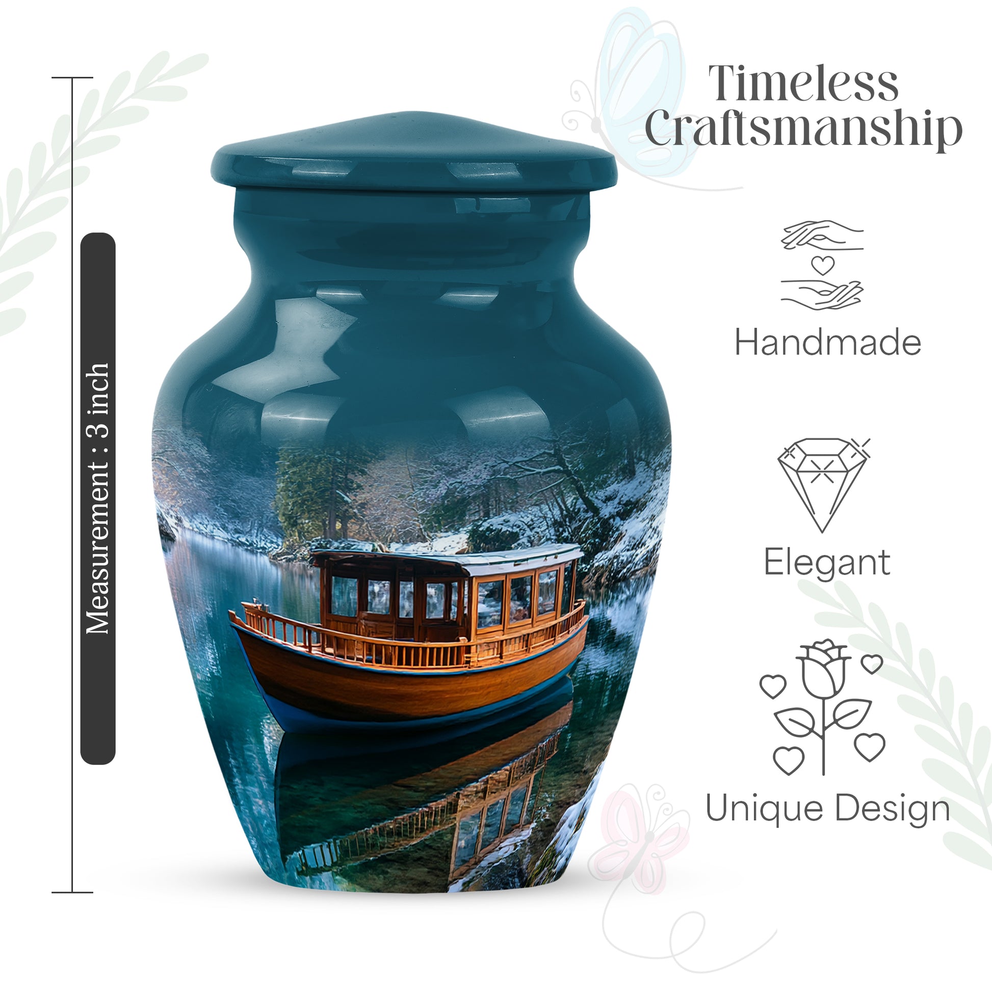 Celestial Blue Boat Cremation Urn close-up of engraving and surface detail - timeless boat motif etched into premium metal - mini keepsake memorial for portion of cremation ashes