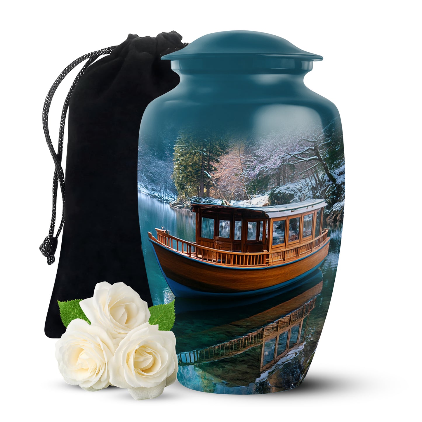 Misty Blue Boat Cremation Urn angled view of lid and engraved motif - timeless boat motif etched into premium metal - full-size 10 inch 200 cubic inch adult cremation urn