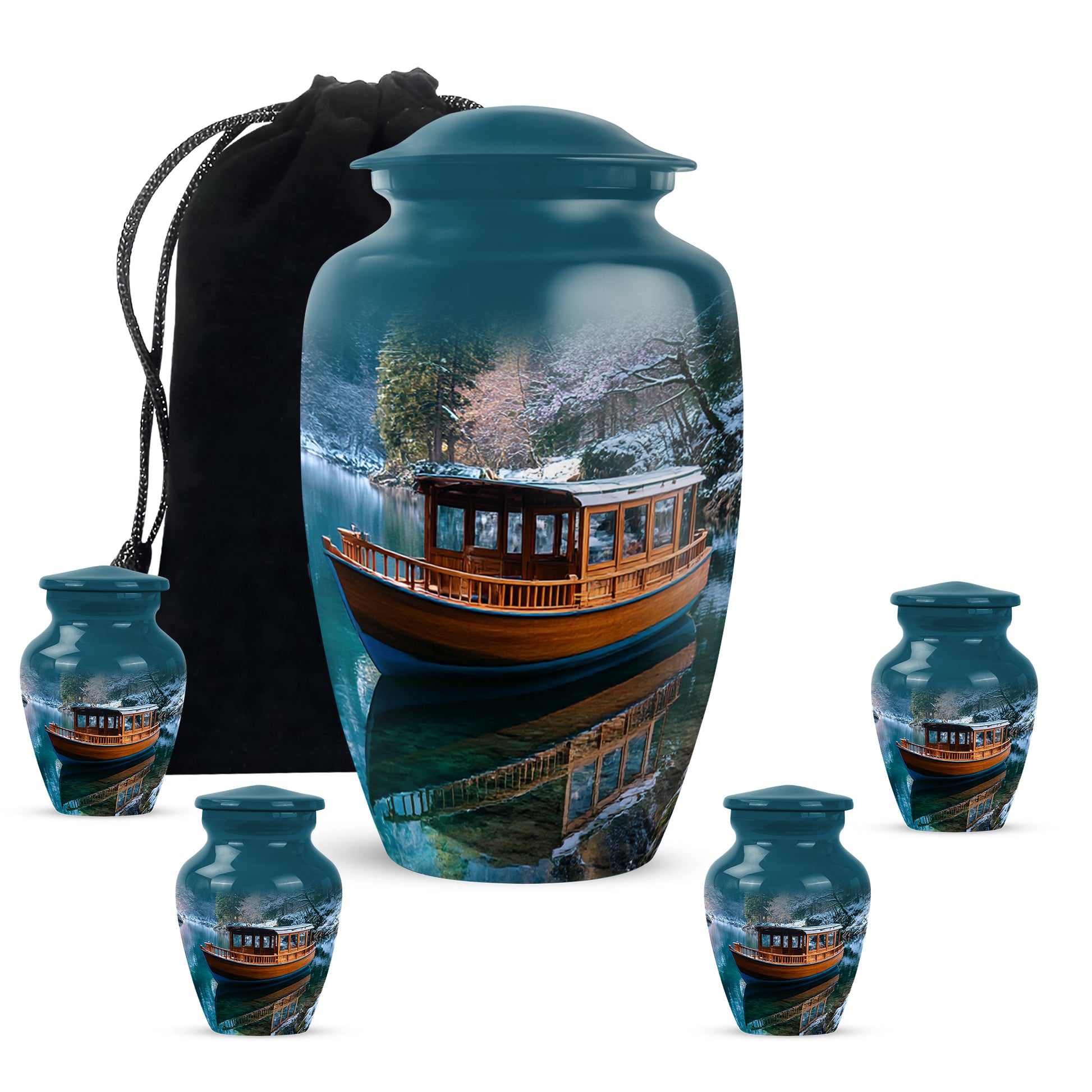 Misty Blue Boat Cremation Urn top-down view of secure threaded lid - timeless boat motif etched into premium metal - memorial set with one large and four small urns