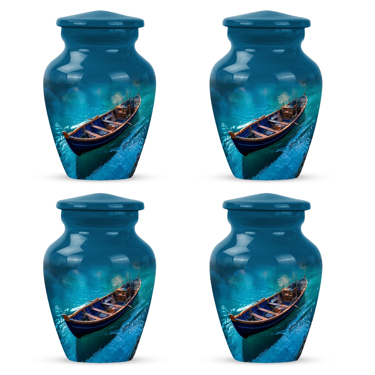 Dusty Blue Boat Cremation Urn side profile showing urn shape - timeless boat motif etched into premium metal - 10 inch aluminum urn for cremated remains