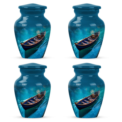 Dusty Blue Boat Cremation Urn side profile showing urn shape - timeless boat motif etched into premium metal - 10 inch aluminum urn for cremated remains