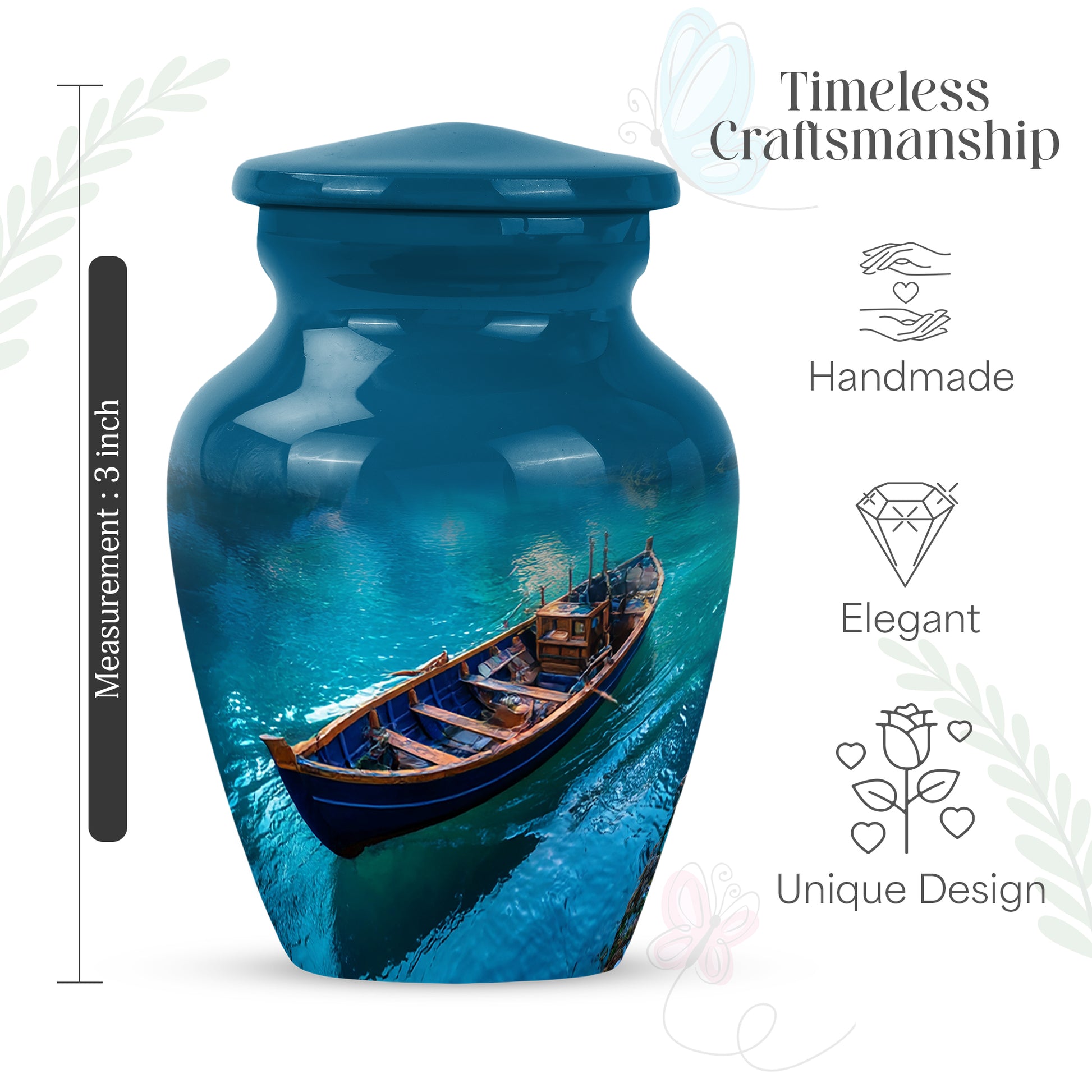 Pastel Blue Boat Cremation Urn close-up of engraving and surface detail - classic sculpted boat pattern on smooth aluminum - mini keepsake memorial for portion of cremation ashes