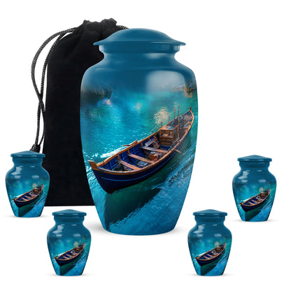 Azure Boat Cremation Urn top-down view of secure threaded lid - timeless boat motif etched into premium metal - memorial set with one large and four small urns