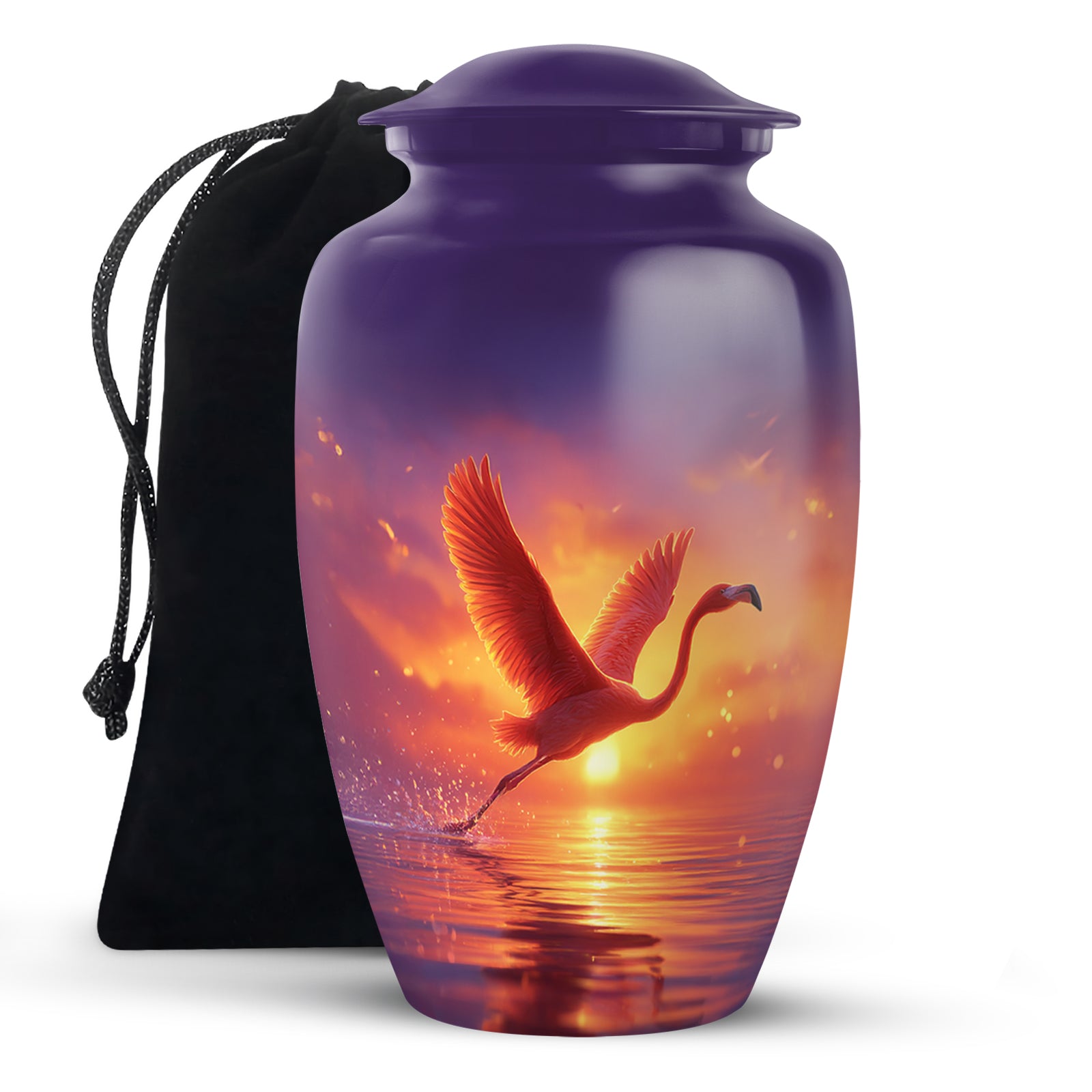 Deep Purple Flamingo Cremation Urn angled view of lid and engraved motif - classic sculpted flamingo pattern on smooth aluminum - full-size 10 inch 200 cubic inch adult cremation urn