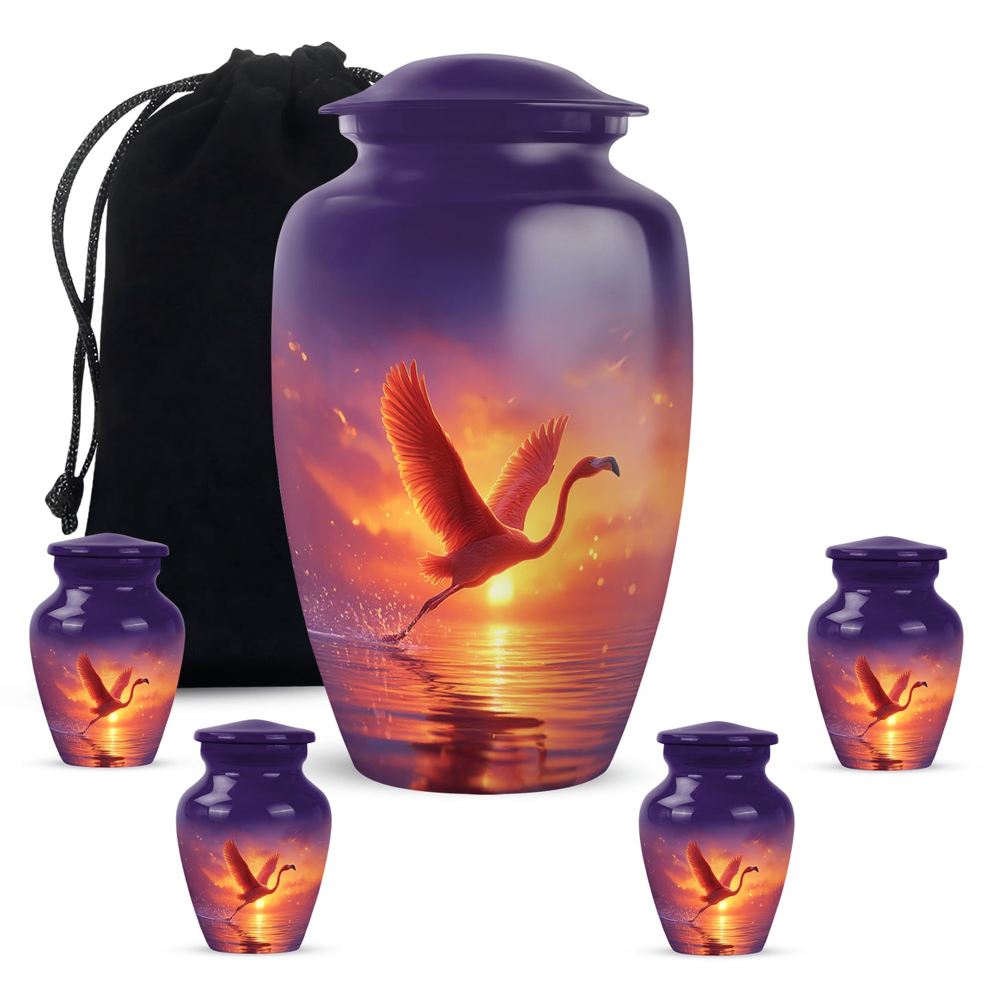 Orchid Purple Flamingo Cremation Urn top-down view of secure threaded lid - timeless flamingo motif etched into premium metal - memorial set with one large and four small urns
