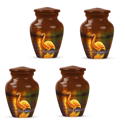 Sunrise Gold Flamingo Cremation Urn side profile showing urn shape - timeless flamingo motif etched into premium metal - 10 inch aluminum urn for cremated remains