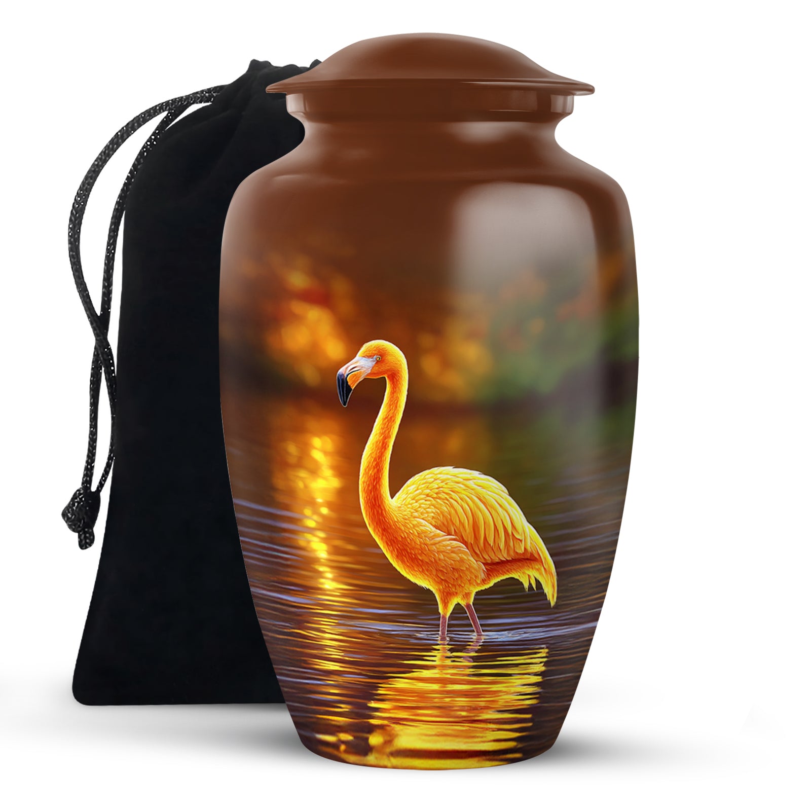 Gilded Gold Flamingo Cremation Urn angled view of lid and engraved motif - timeless flamingo motif etched into premium metal - full-size 10 inch 200 cubic inch adult cremation urn