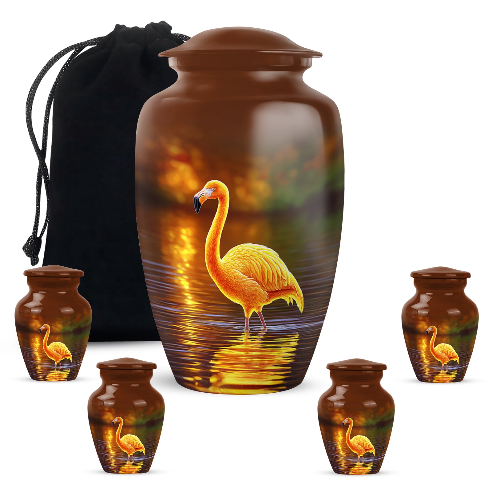 Matte Gold Flamingo Cremation Urn top-down view of secure threaded lid - elegant classic flamingo relief with fine detailing - memorial set with one large and four small urns