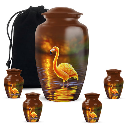 Matte Gold Flamingo Cremation Urn top-down view of secure threaded lid - elegant classic flamingo relief with fine detailing - memorial set with one large and four small urns