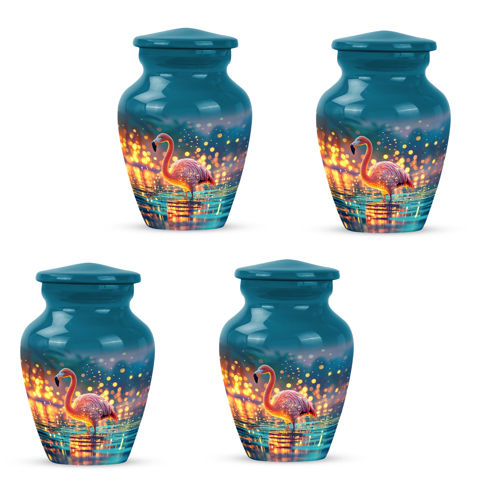 Sea Green Teal Flamingo Cremation Urn side profile showing urn shape - timeless flamingo motif etched into premium metal - 10 inch aluminum urn for cremated remains