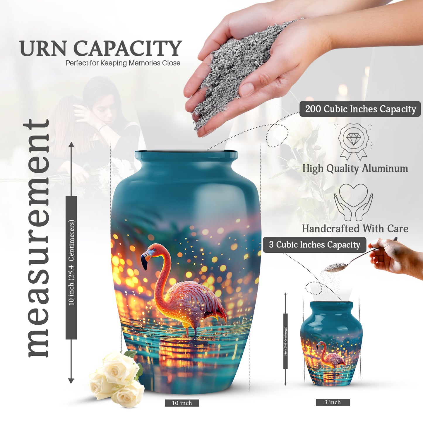 Vivid Teal Flamingo Cremation Urn close-up of engraving and surface detail - elegant classic flamingo relief with fine detailing - mini keepsake memorial for portion of cremation ashes