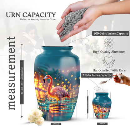 Vivid Teal Flamingo Cremation Urn close-up of engraving and surface detail - elegant classic flamingo relief with fine detailing - mini keepsake memorial for portion of cremation ashes
