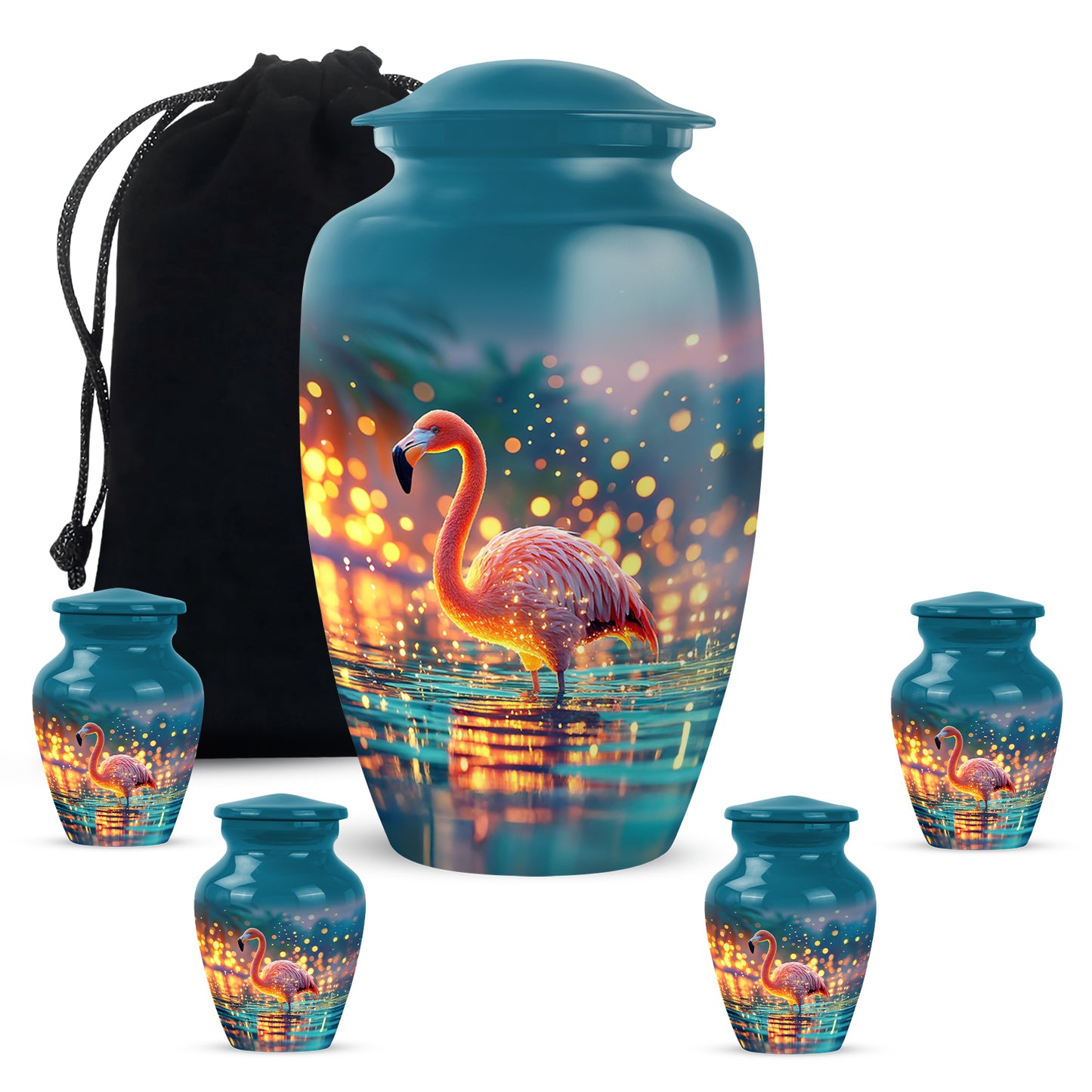 Aqua Teal Flamingo Cremation Urn top-down view of secure threaded lid - traditional flamingo engraving with hand-polished finish - memorial set with one large and four small urns
