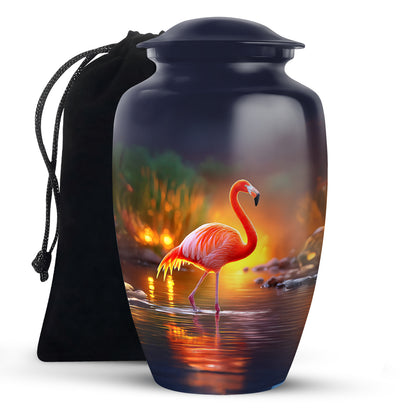 Indigo Flamingo Cremation Urn angled view of lid and engraved motif - classic sculpted flamingo pattern on smooth aluminum - full-size 10 inch 200 cubic inch adult cremation urn