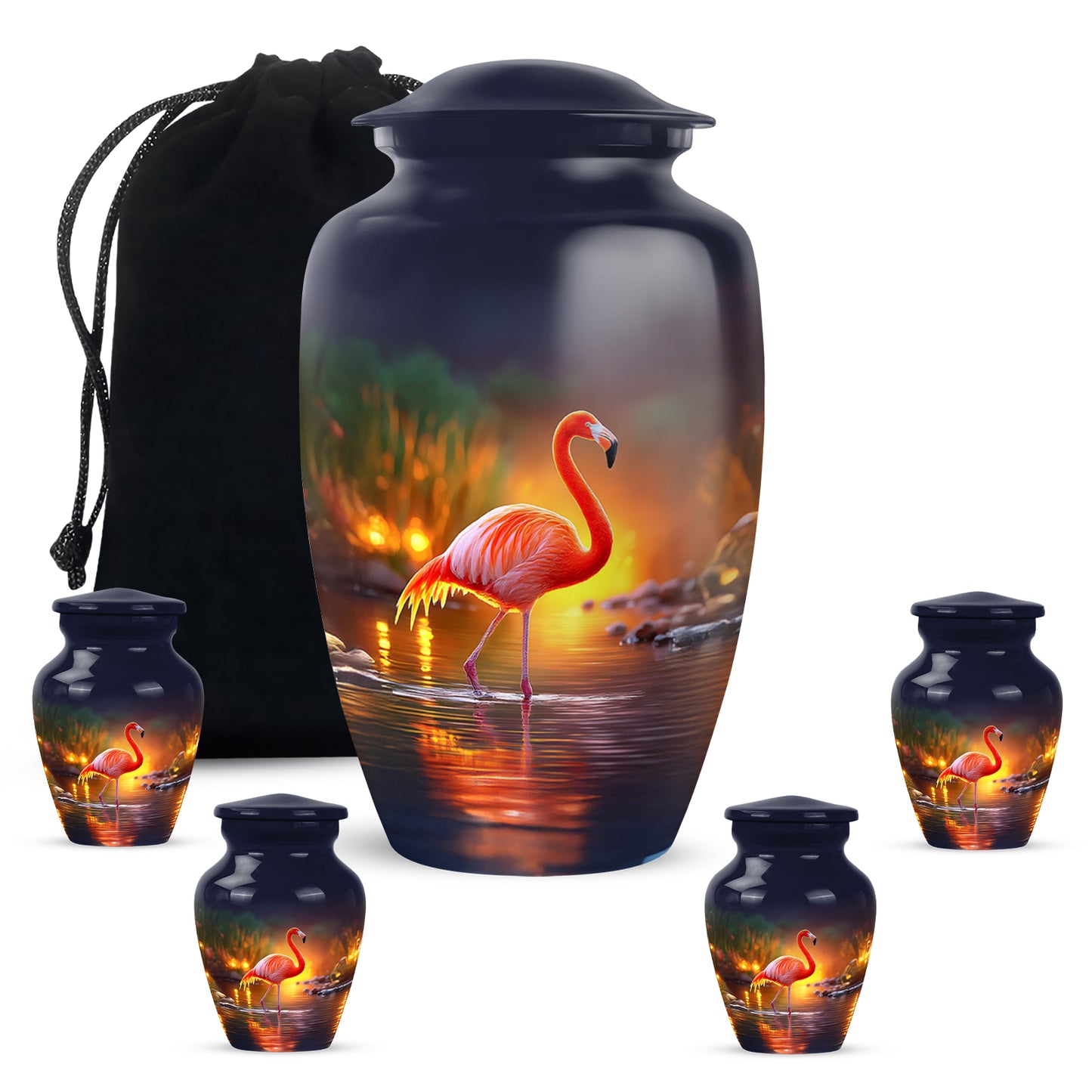 Celestial Blue Flamingo Cremation Urn top-down view of secure threaded lid - timeless flamingo motif etched into premium metal - memorial set with one large and four small urns