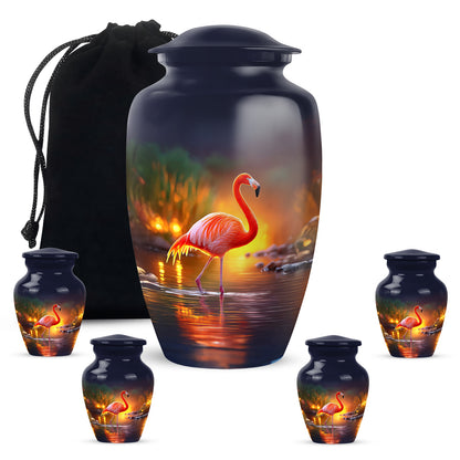 Celestial Blue Flamingo Cremation Urn top-down view of secure threaded lid - timeless flamingo motif etched into premium metal - memorial set with one large and four small urns