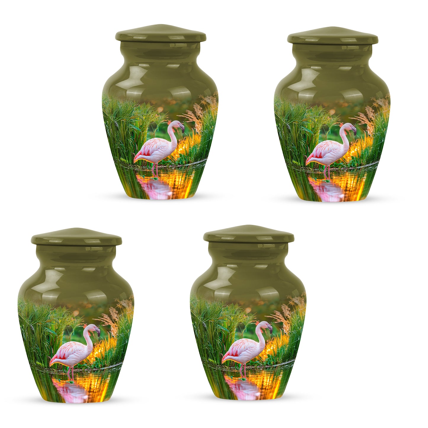 Sunrise Gold Flamingo Cremation Urn side profile showing urn shape - classic sculpted flamingo pattern on smooth aluminum - 10 inch aluminum urn for cremated remains