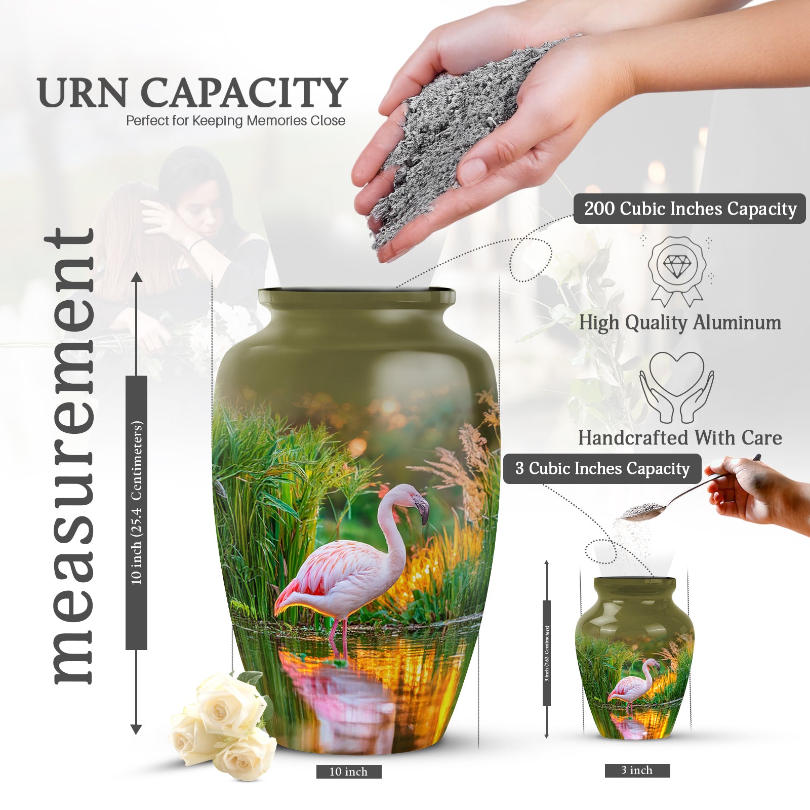 Amber Gold Flamingo Cremation Urn close-up of engraving and surface detail - timeless flamingo motif etched into premium metal - mini keepsake memorial for portion of cremation ashes