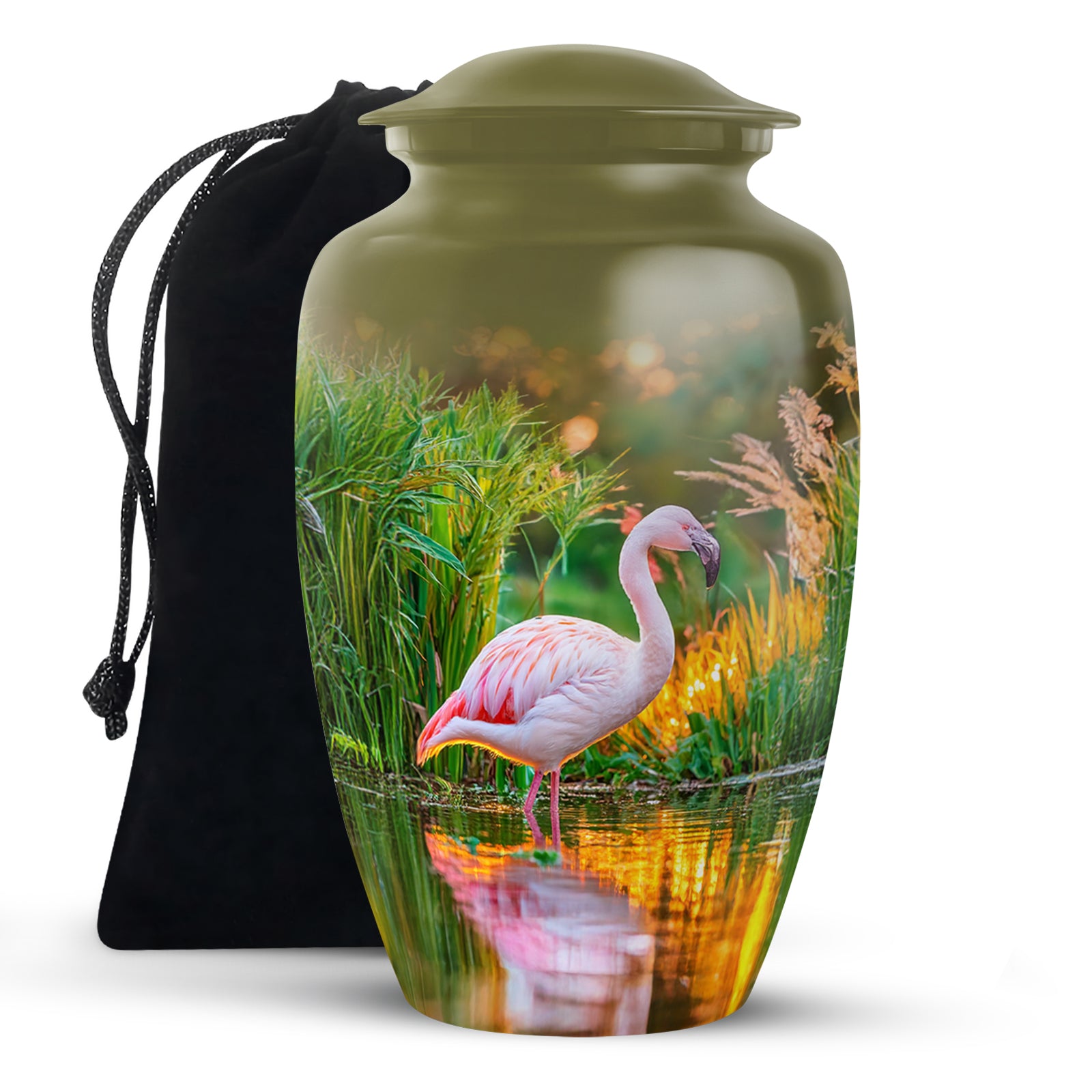 Harvest Gold Flamingo Cremation Urn angled view of lid and engraved motif - traditional flamingo engraving with hand-polished finish - full-size 10 inch 200 cubic inch adult cremation urn
