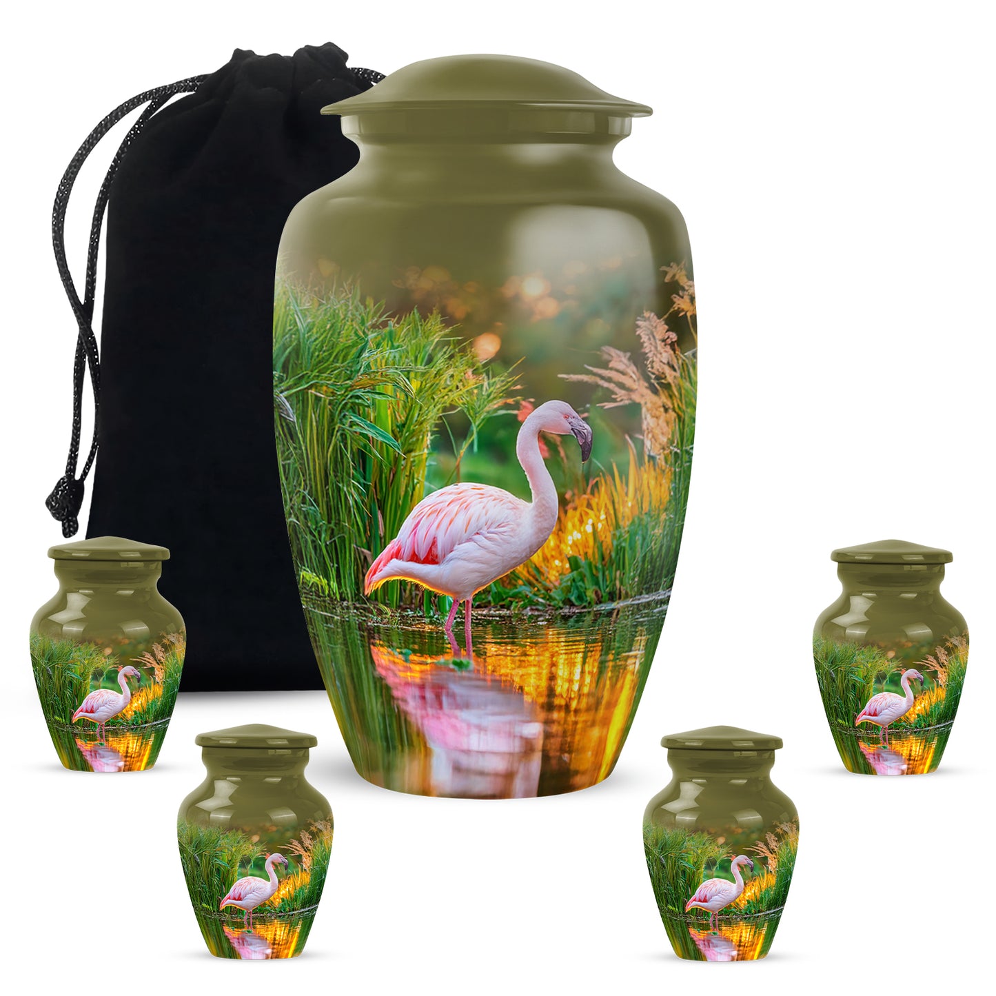 Gilded Gold Flamingo Cremation Urn top-down view of secure threaded lid - timeless flamingo motif etched into premium metal - memorial set with one large and four small urns