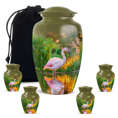 Gilded Gold Flamingo Cremation Urn top-down view of secure threaded lid - timeless flamingo motif etched into premium metal - memorial set with one large and four small urns