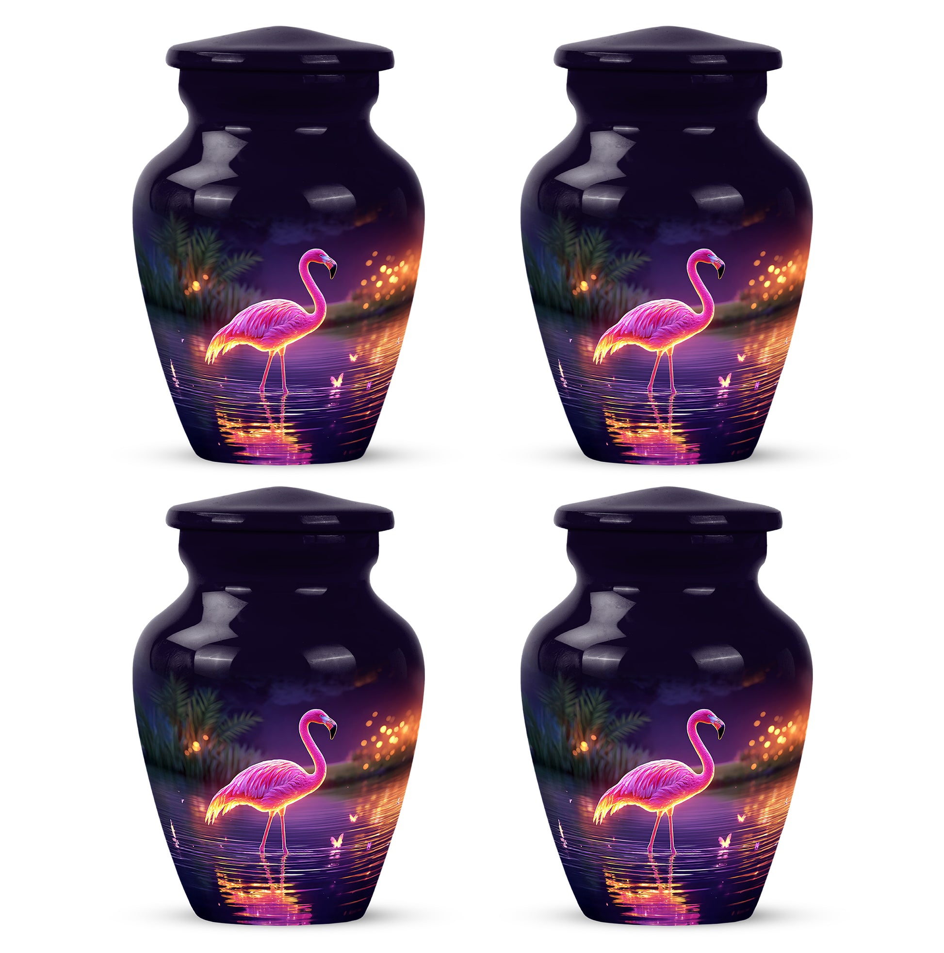 Violet Purple Flamingo Cremation Urn side profile showing urn shape - elegant classic flamingo relief with fine detailing - 10 inch aluminum urn for cremated remains