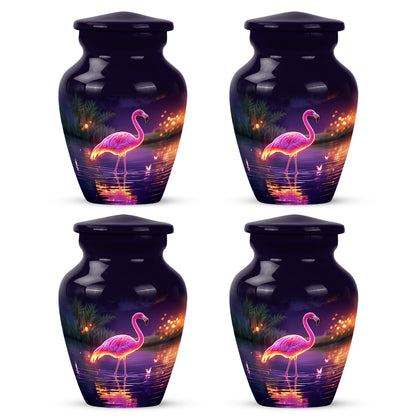 Violet Purple Flamingo Cremation Urn side profile showing urn shape - elegant classic flamingo relief with fine detailing - 10 inch aluminum urn for cremated remains