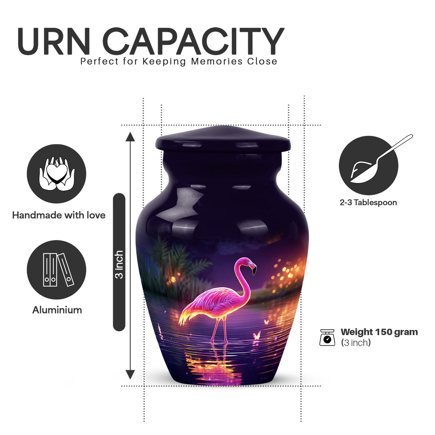 Deep Purple Flamingo Cremation Urn close-up of engraving and surface detail - classic sculpted flamingo pattern on smooth aluminum - mini keepsake memorial for portion of cremation ashes