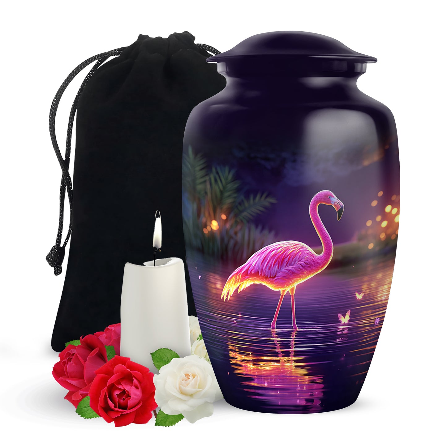 Lavender Purple Flamingo Cremation Urn angled view of lid and engraved motif - traditional flamingo engraving with hand-polished finish - full-size 10 inch 200 cubic inch adult cremation urn
