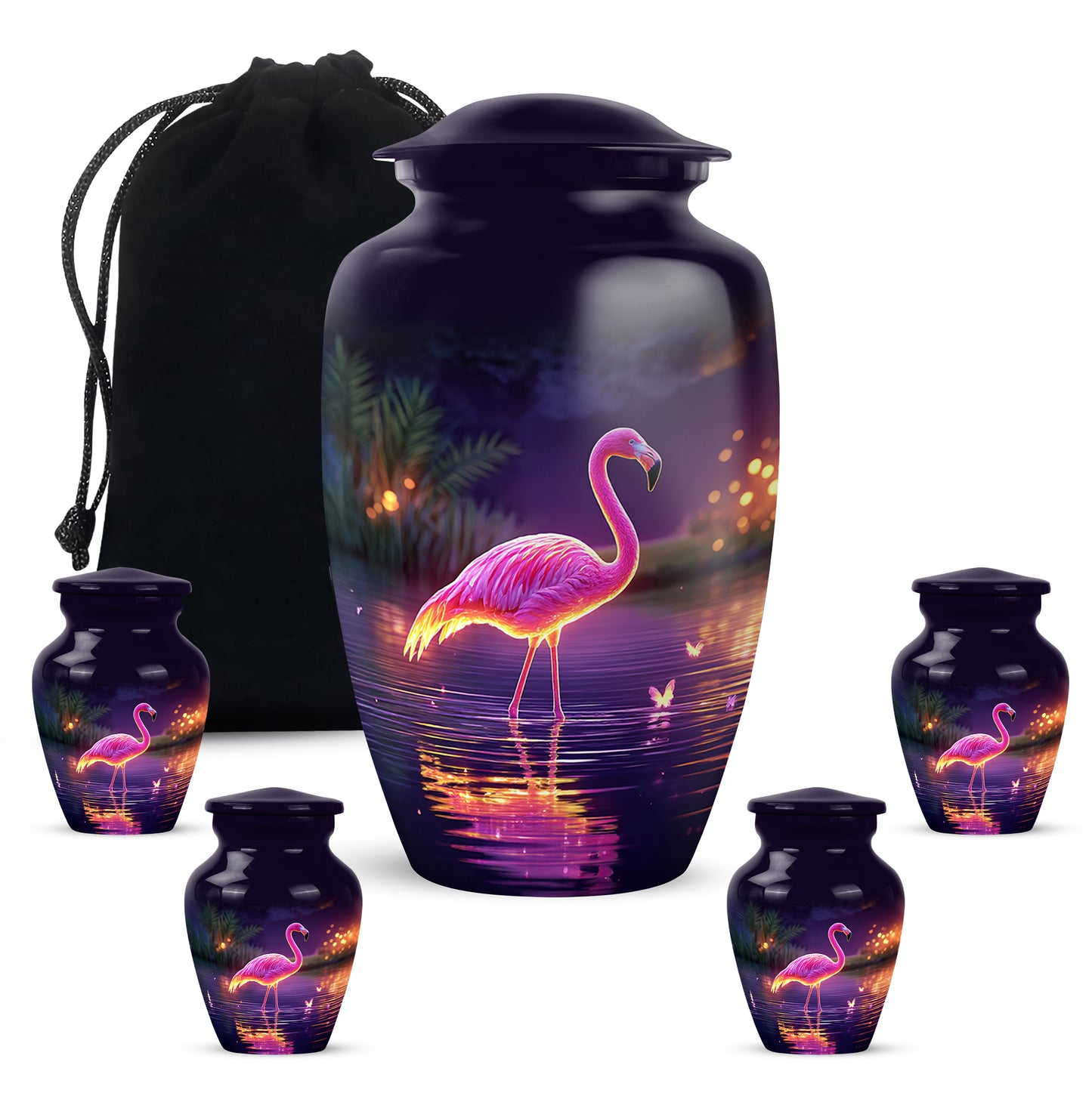 Lavender Purple Flamingo Cremation Urn top-down view of secure threaded lid - elegant classic flamingo relief with fine detailing - memorial set with one large and four small urns