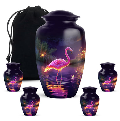 Lavender Purple Flamingo Cremation Urn top-down view of secure threaded lid - elegant classic flamingo relief with fine detailing - memorial set with one large and four small urns