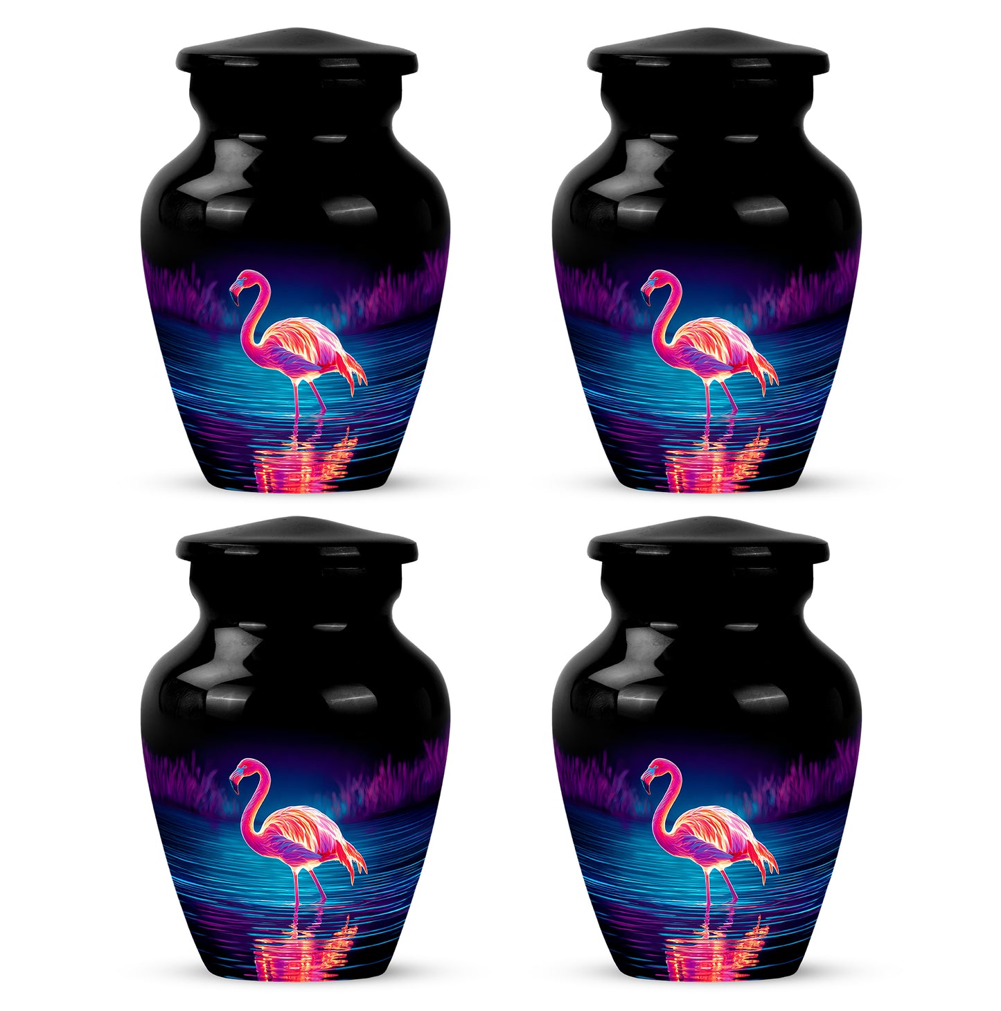 Obsidian Black Flamingo Cremation Urn side profile showing urn shape - elegant classic flamingo relief with fine detailing - 10 inch aluminum urn for cremated remains