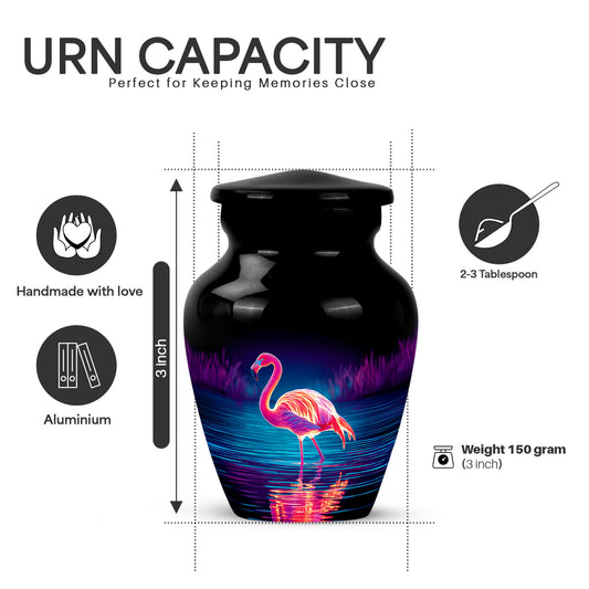 Dark Black Flamingo Cremation Urn close-up of engraving and surface detail - traditional flamingo engraving with hand-polished finish - mini keepsake memorial for portion of cremation ashes
