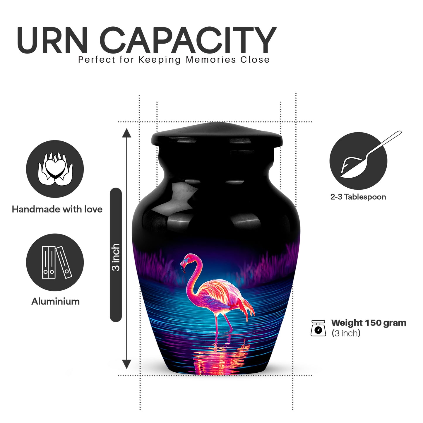 Dark Black Flamingo Cremation Urn close-up of engraving and surface detail - traditional flamingo engraving with hand-polished finish - mini keepsake memorial for portion of cremation ashes
