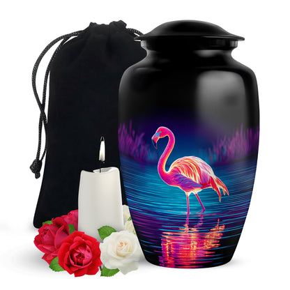 Deep Black Flamingo Cremation Urn angled view of lid and engraved motif - timeless flamingo motif etched into premium metal - full-size 10 inch 200 cubic inch adult cremation urn