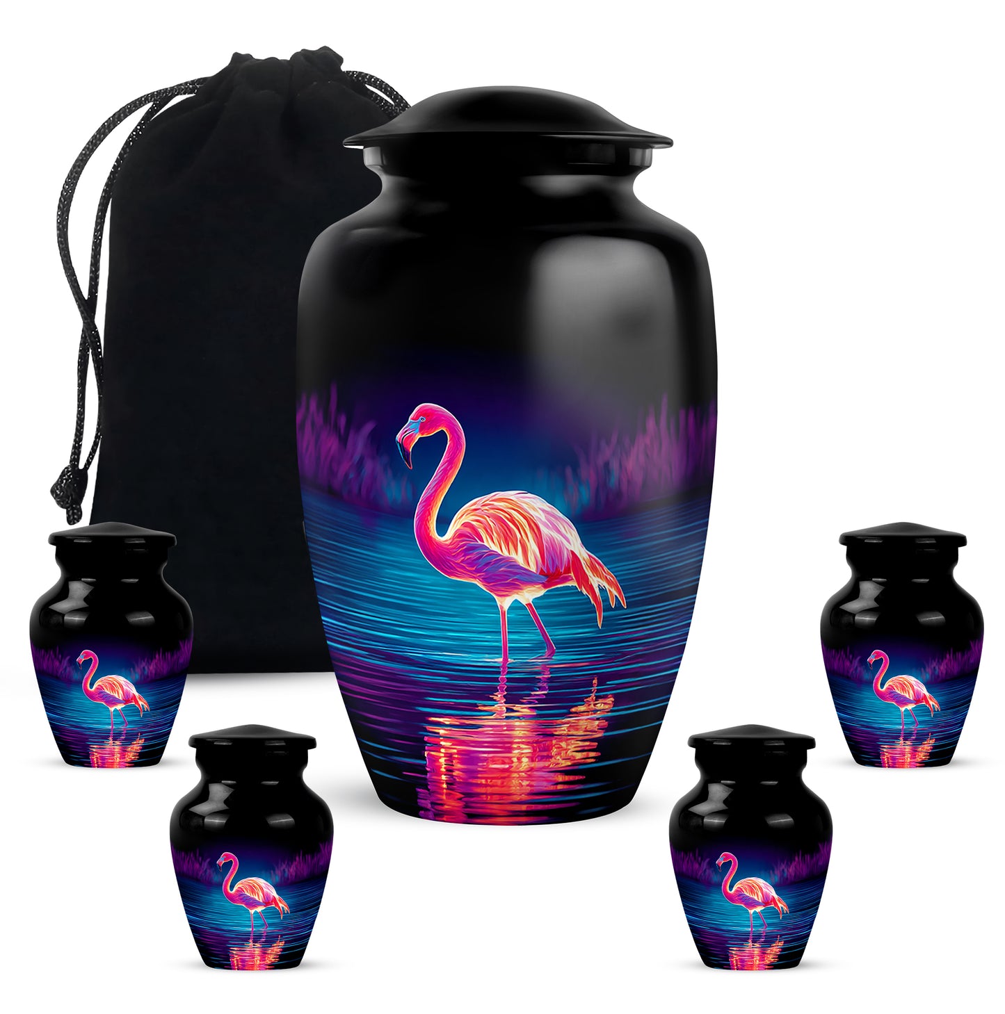 Rich Black Flamingo Cremation Urn top-down view of secure threaded lid - classic sculpted flamingo pattern on smooth aluminum - memorial set with one large and four small urns