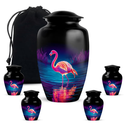 Rich Black Flamingo Cremation Urn top-down view of secure threaded lid - classic sculpted flamingo pattern on smooth aluminum - memorial set with one large and four small urns
