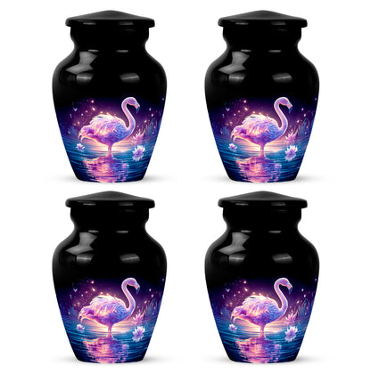 Glossy Black Flamingo Cremation Urn side profile showing urn shape - classic sculpted flamingo pattern on smooth aluminum - 10 inch aluminum urn for cremated remains