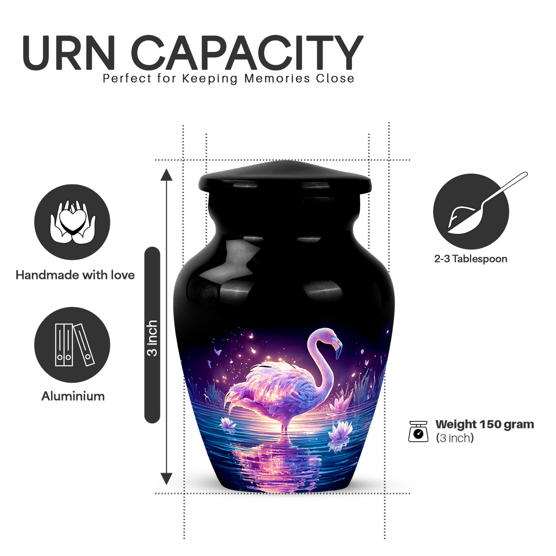 Charcoal Black Flamingo Cremation Urn close-up of engraving and surface detail - traditional flamingo engraving with hand-polished finish - mini keepsake memorial for portion of cremation ashes