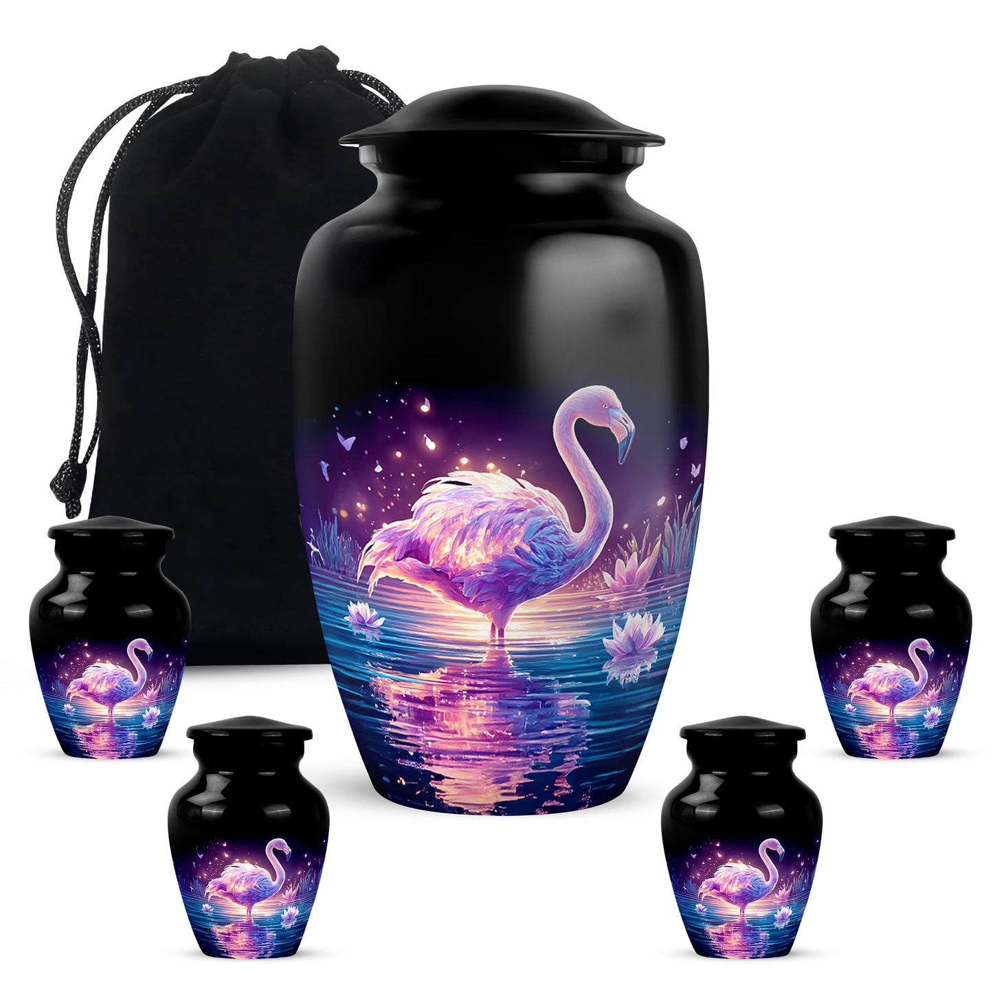 Onyx Black Flamingo Cremation Urn top-down view of secure threaded lid - elegant classic flamingo relief with fine detailing - memorial set with one large and four small urns